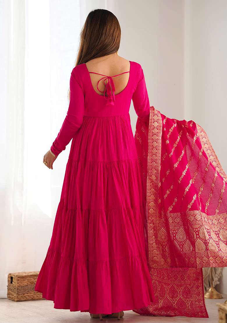Pink Solid Silk Blend Anarkali With Dupatta - Indya