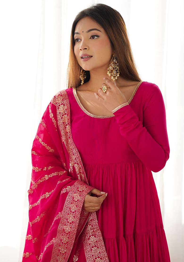 Pink Solid Silk Blend Anarkali With Dupatta - Indya