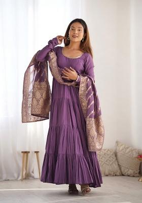 Purple Solid Roman Silk Chanderi Anarkali With Dupatta
