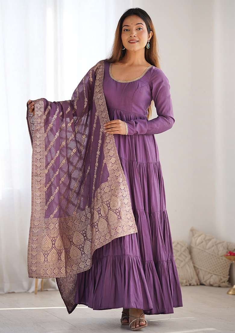 Purple Solid Silk Blend Anarkali With Dupatta - Indya