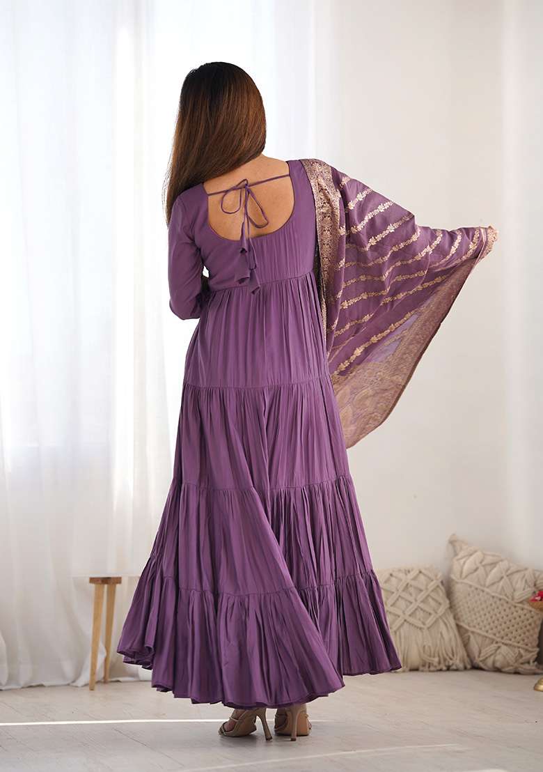 Purple Solid Silk Blend Anarkali With Dupatta - Indya
