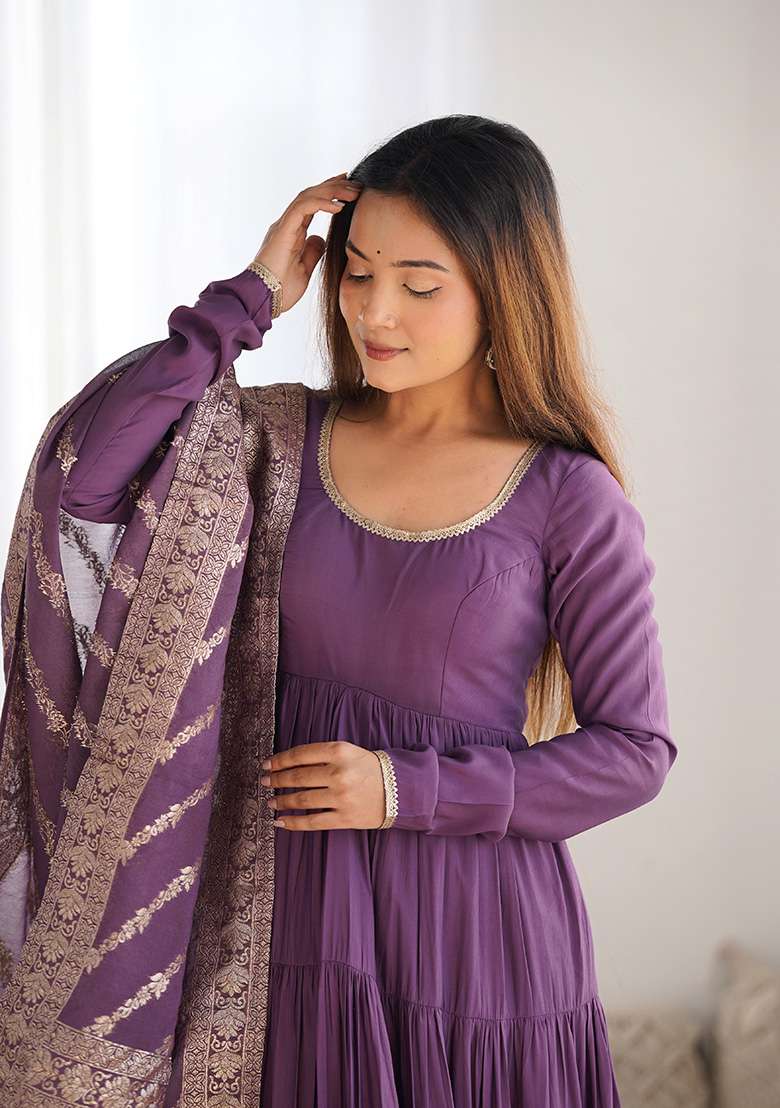 Purple Solid Silk Blend Anarkali With Dupatta - Indya
