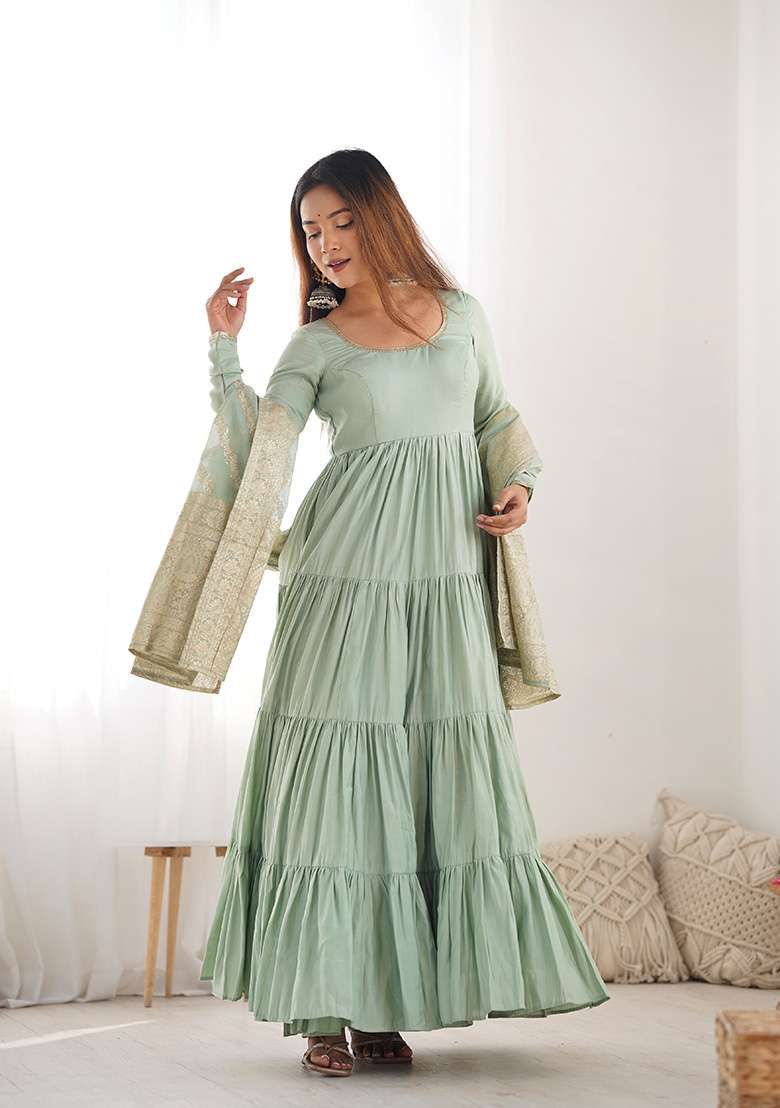 Green Solid Silk Blend Anarkali With Dupatta - Indya