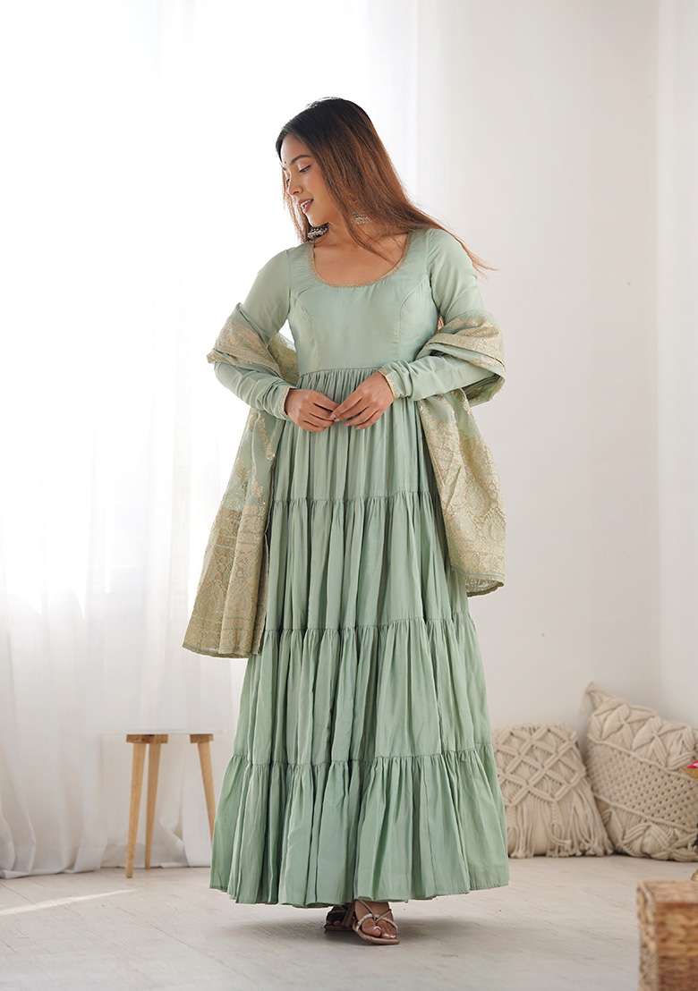 Green Solid Silk Blend Anarkali With Dupatta - Indya
