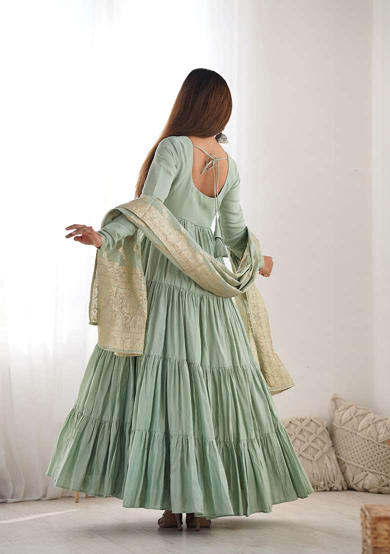 Green Solid Silk Blend Anarkali With Dupatta - Indya