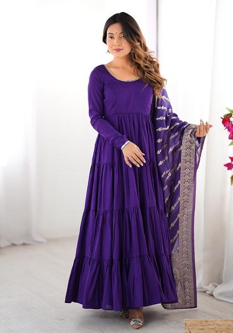Purple Solid Roman Silk Chanderi Anarkali Set