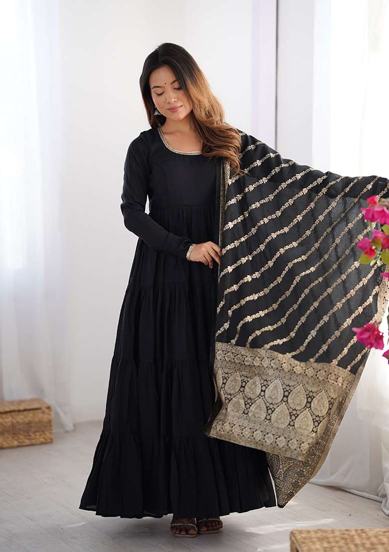 Black Solid Silk Blend Anarkali With Dupatta - Indya