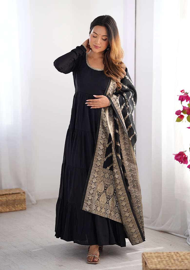 Black Solid Silk Blend Anarkali With Dupatta - Indya
