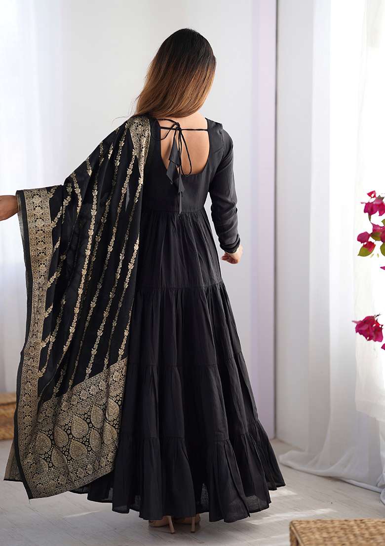 Black Solid Silk Blend Anarkali With Dupatta - Indya