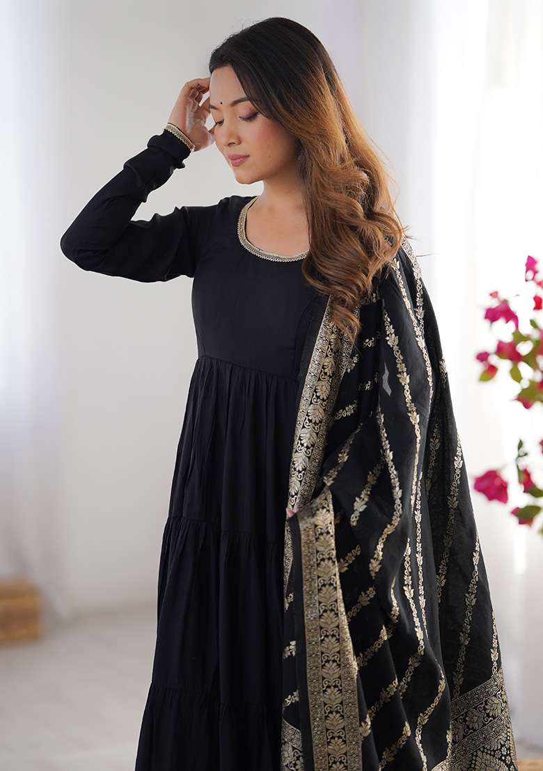 Black Solid Silk Blend Anarkali With Dupatta - Indya