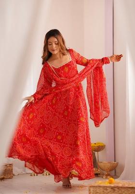 Red Printed Chiffon Anarkali With Dupatta