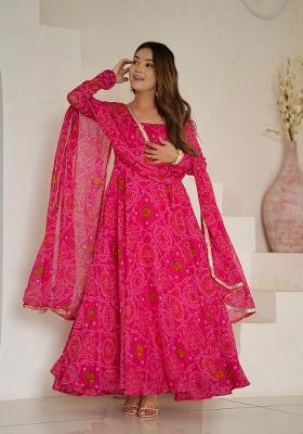Pink Printed Chiffon Anarkali With Dupatta