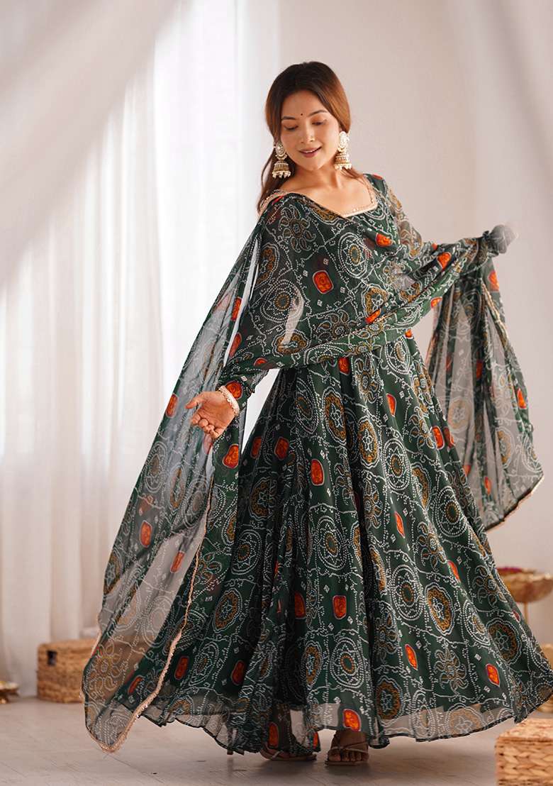 Green Printed Chiffon Sharara Set - Indya