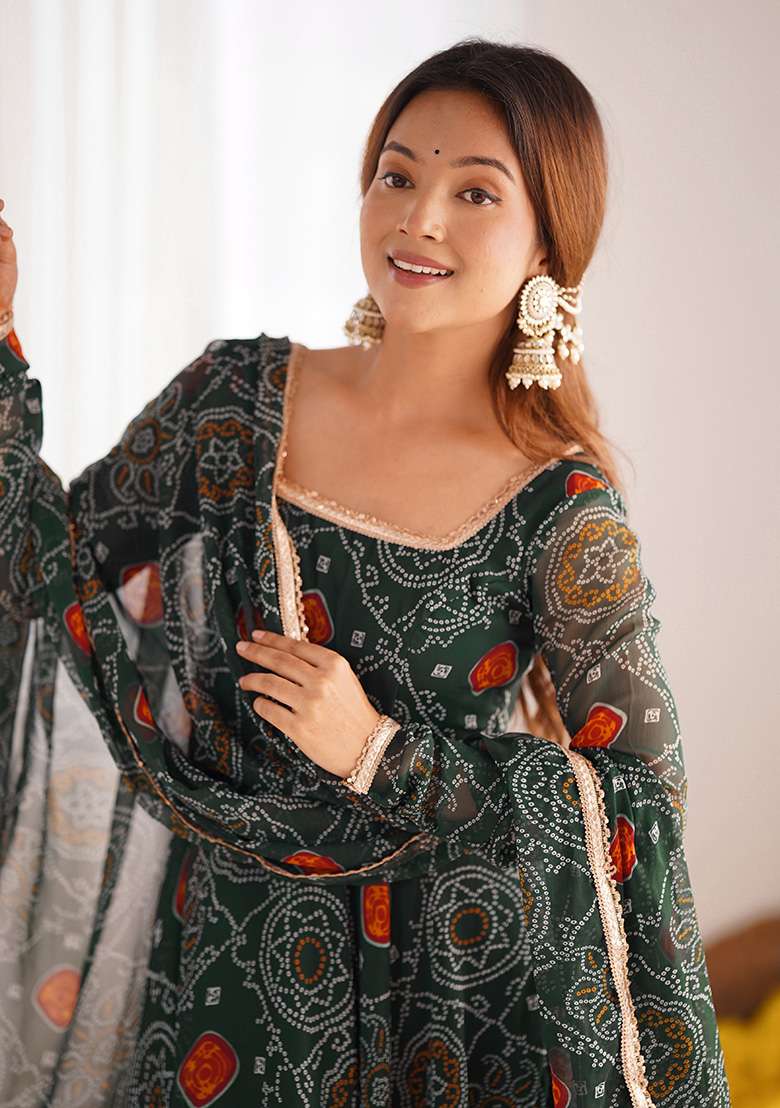 Green Printed Chiffon Sharara Set - Indya