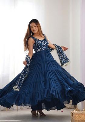 Blue Embroidery Fox Georgette Anarkali With Dupatta