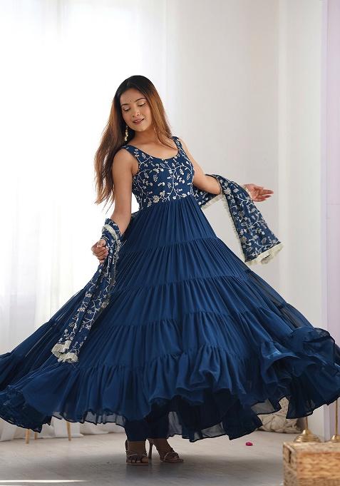 Blue Embroidery Fox Georgette Anarkali Set