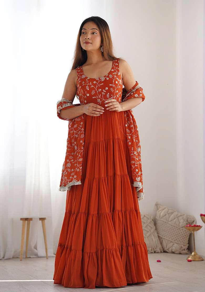 Orange Embroidered Georgette Anarkali With Dupatta - Indya