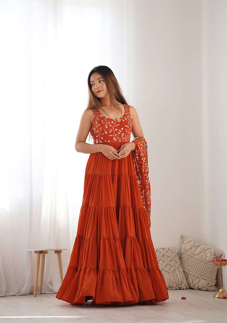 Orange Embroidered Georgette Anarkali With Dupatta - Indya