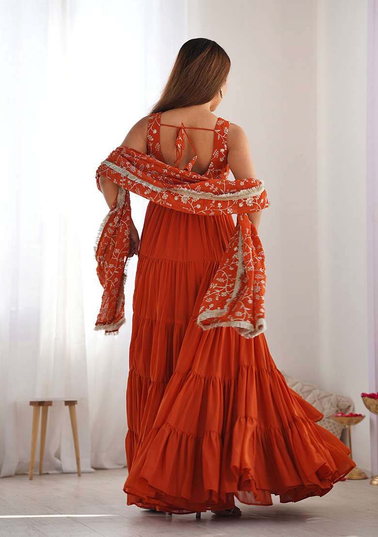 Orange Embroidered Georgette Anarkali With Dupatta - Indya