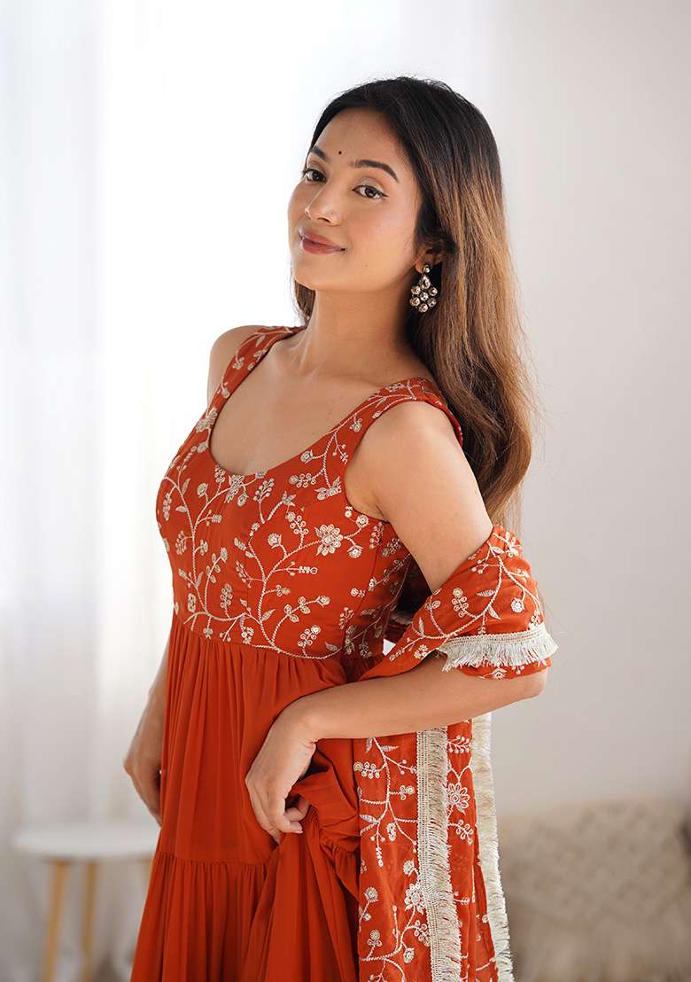 Orange Embroidered Georgette Anarkali With Dupatta - Indya