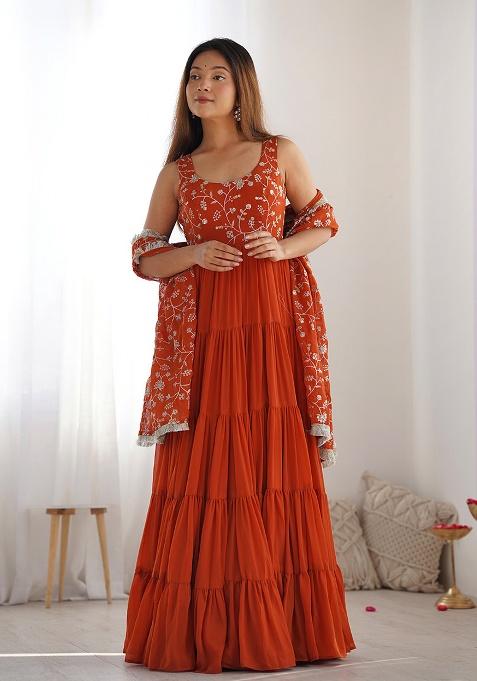 Orange Embroidery Fox Georgette Anarkali Set