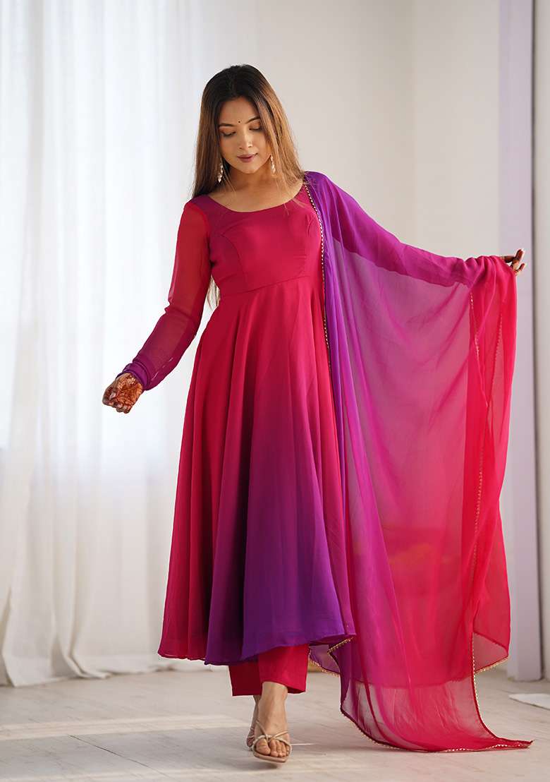 Pink Tie And Dye Georgette Anarkali With Dupatta - Indya
