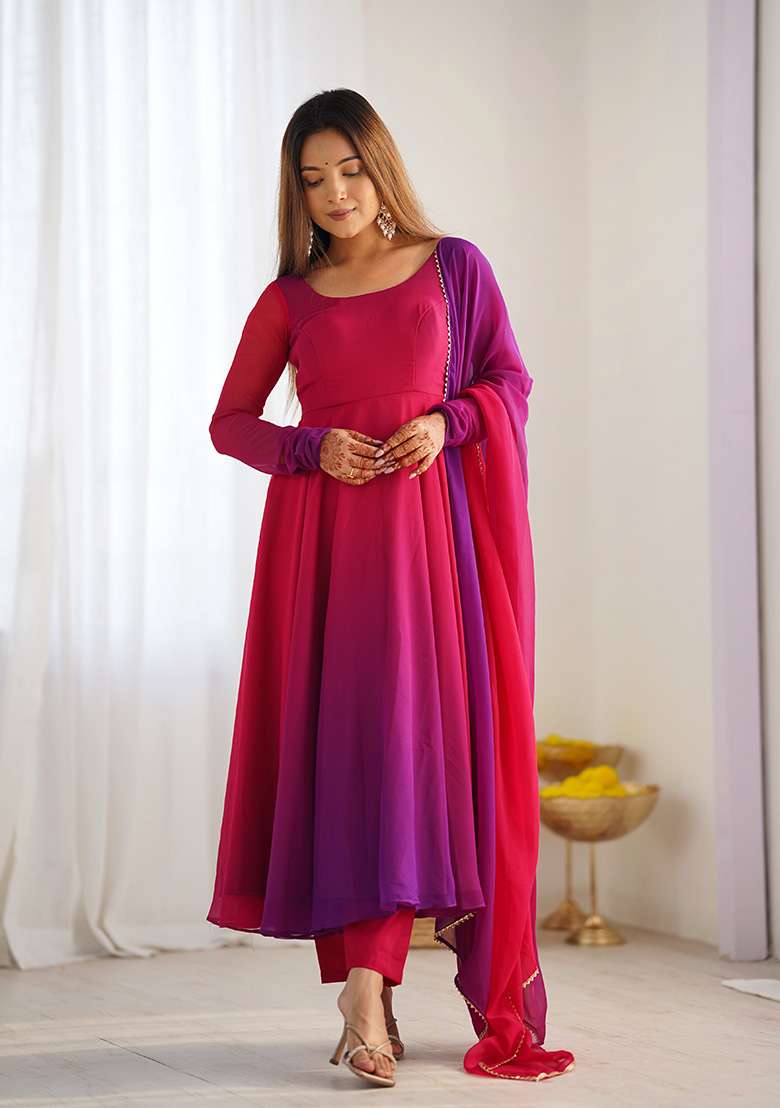 Pink Tie And Dye Georgette Anarkali With Dupatta - Indya