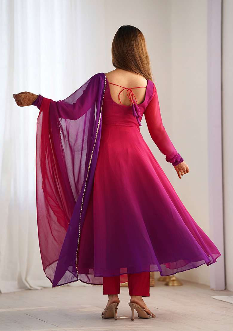Pink Tie And Dye Georgette Anarkali With Dupatta - Indya