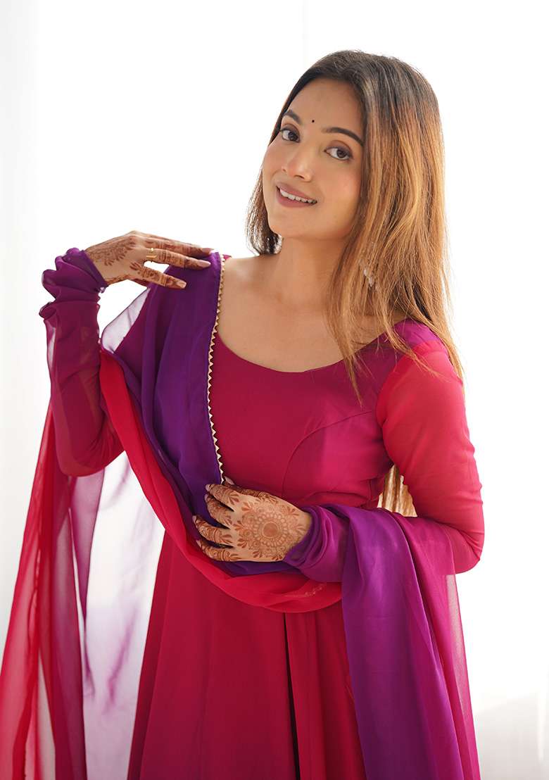 Pink Tie And Dye Georgette Anarkali With Dupatta - Indya