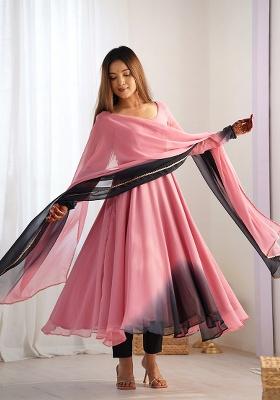 Pink Solid Fox Georgette Anarkali With Dupatta