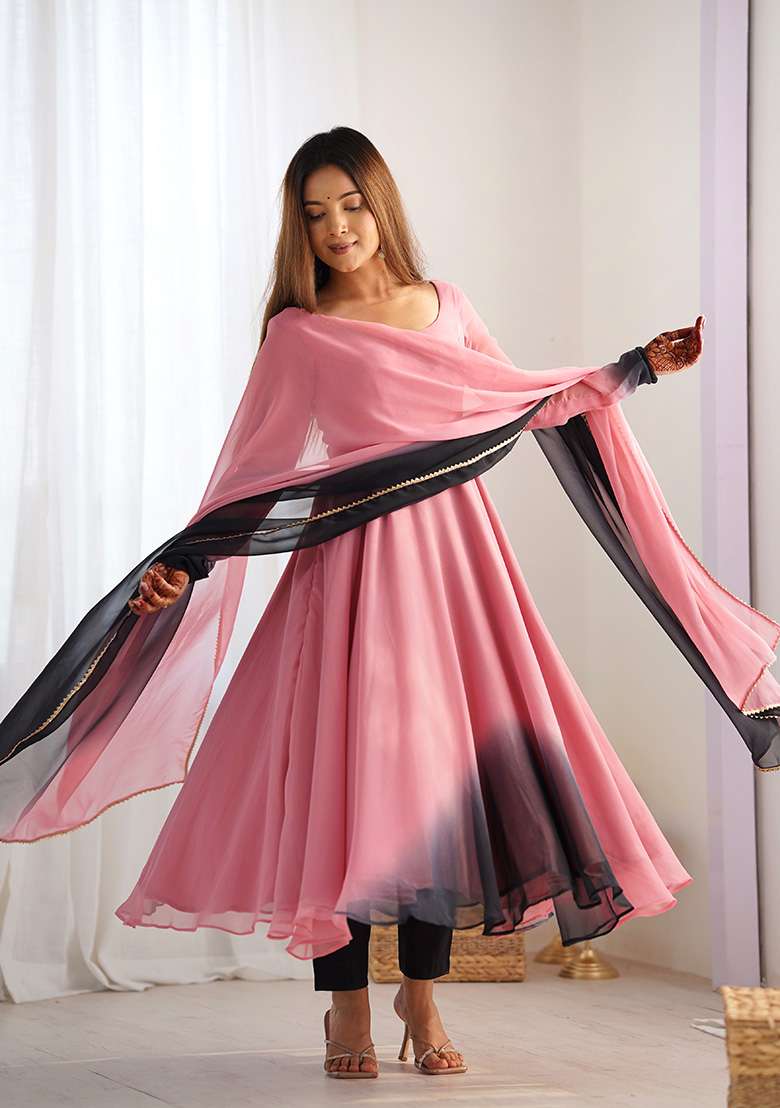 Pink Solid Georgette Anarkali With Dupatta - Indya
