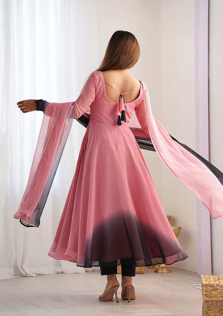 Pink Solid Georgette Anarkali With Dupatta - Indya