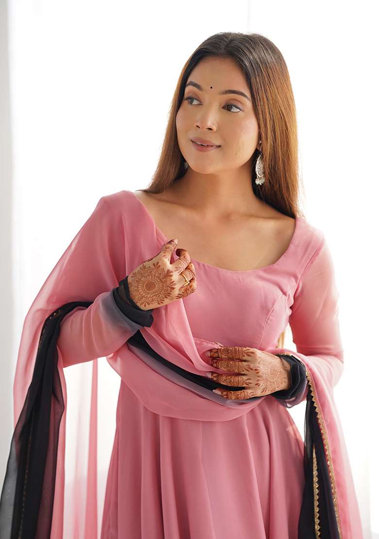 Pink Solid Georgette Anarkali With Dupatta - Indya