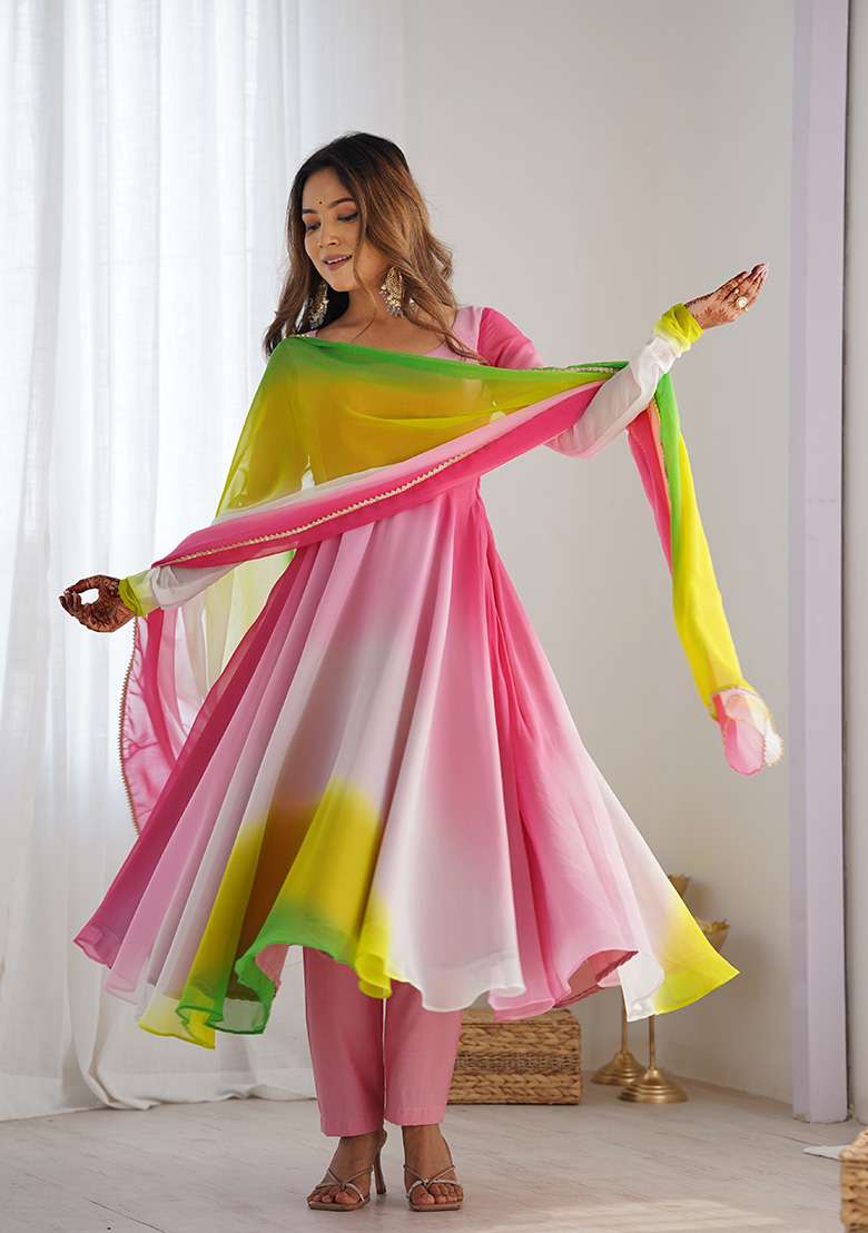Multi Tie And Dye Georgette Anarkali With Dupatta - Indya