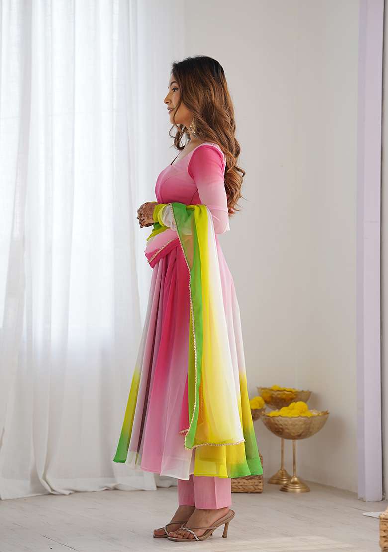 Multi Tie And Dye Georgette Anarkali With Dupatta - Indya