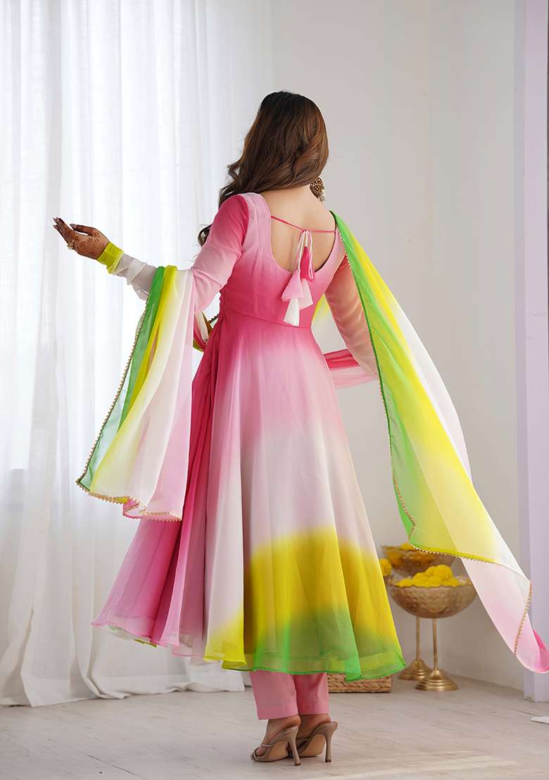 Multi Tie And Dye Georgette Anarkali With Dupatta - Indya