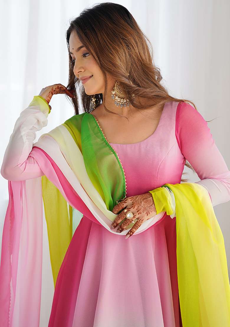 Multi Tie And Dye Georgette Anarkali With Dupatta - Indya