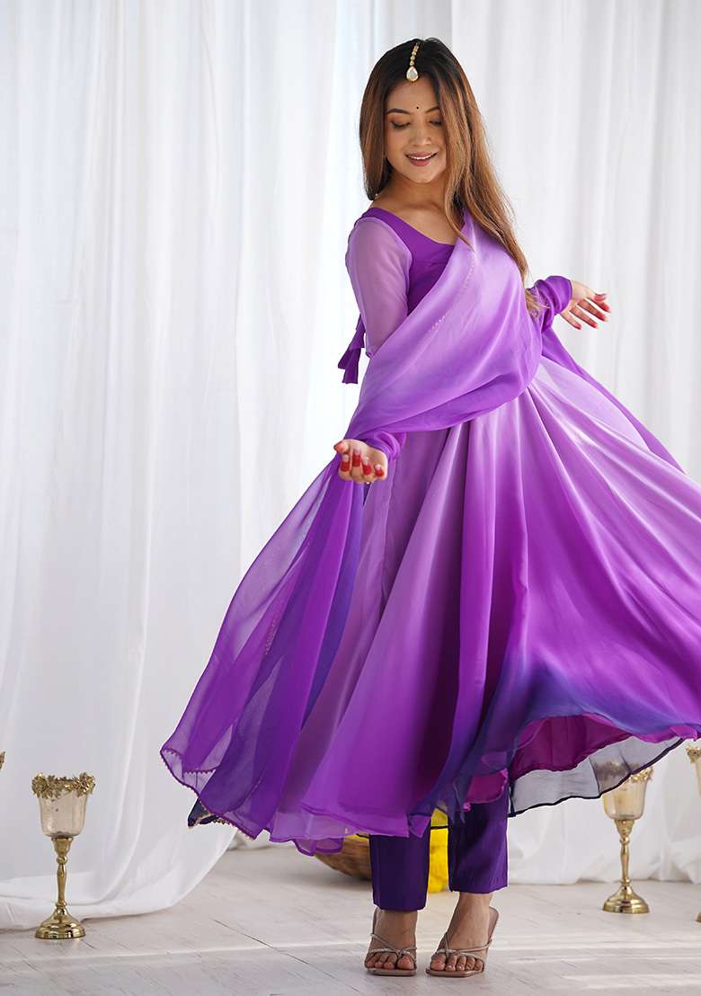 Purple Tie And Dye Georgette Anarkali With Dupatta - Indya