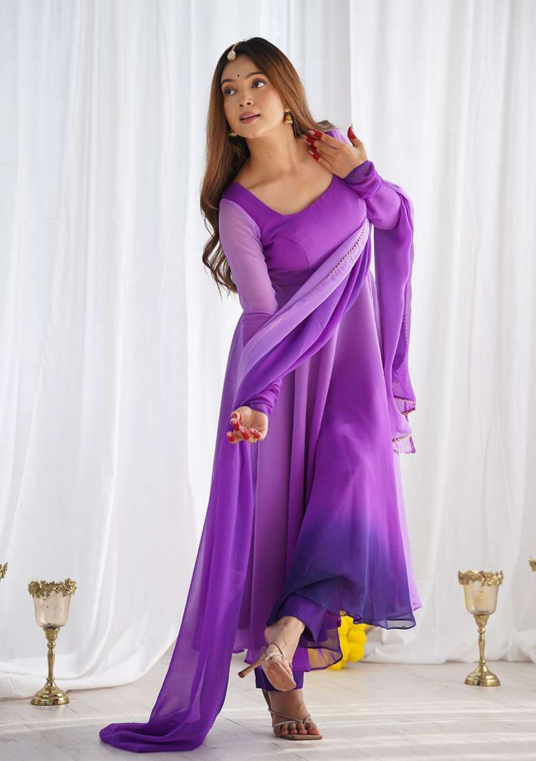 Purple Tie And Dye Georgette Anarkali With Dupatta - Indya