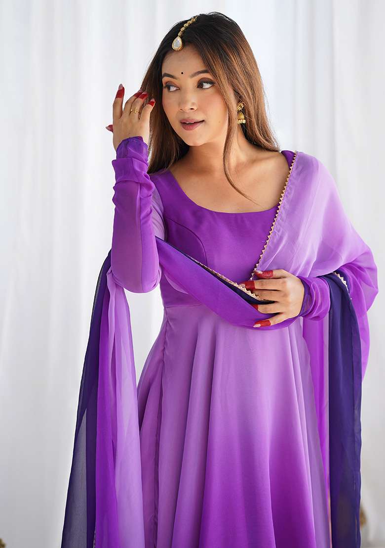 Purple Tie And Dye Georgette Anarkali With Dupatta - Indya