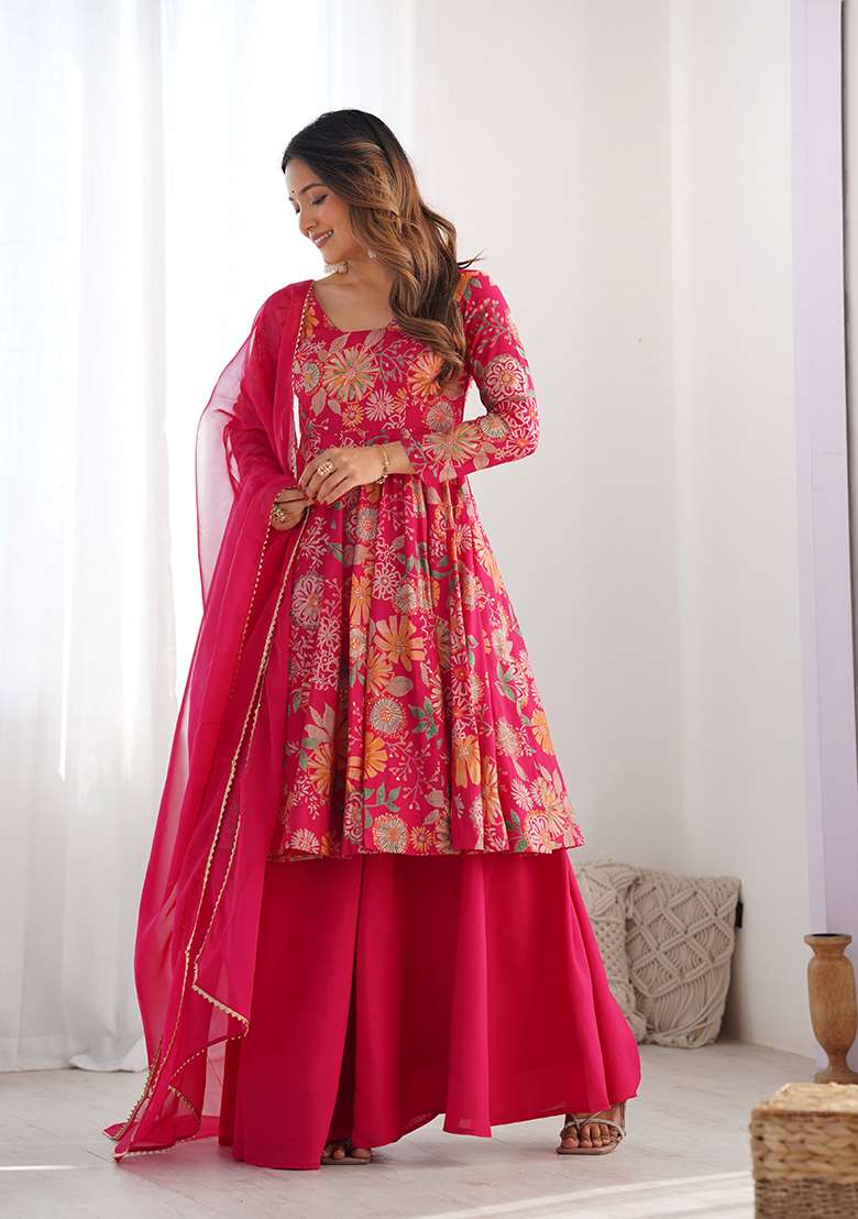 Pink Embroidered Silk Blend Sharara Set - Indya
