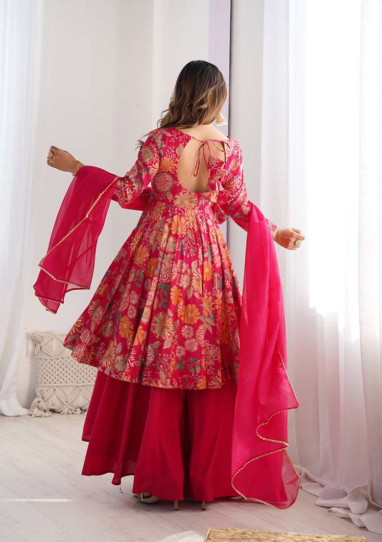 Pink Embroidered Silk Blend Sharara Set - Indya