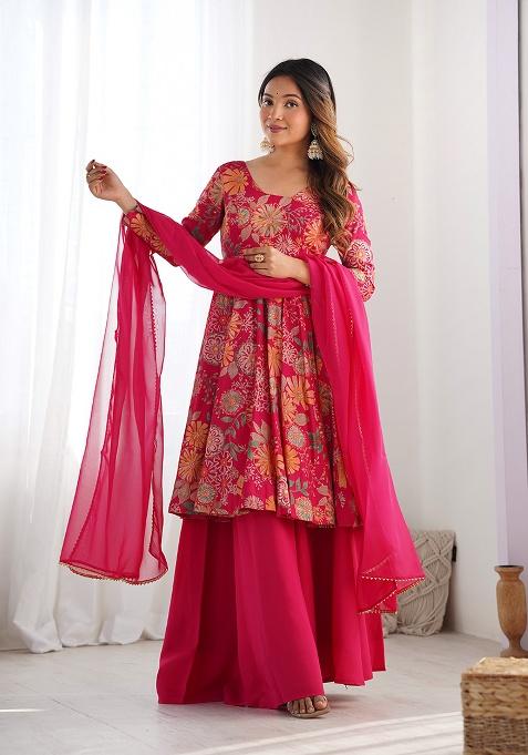 Pink Printed Roman Silk Chanderi Kurta Set