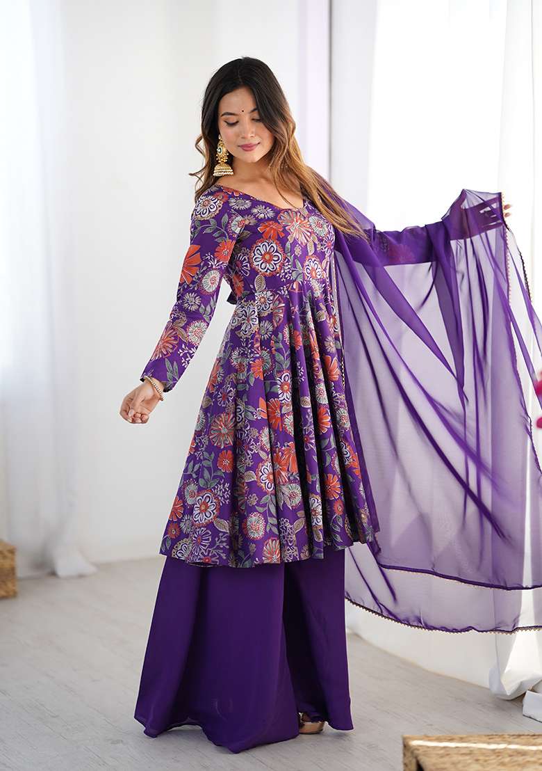 Purple Floral Print Silk Blend Sharara Set - Indya
