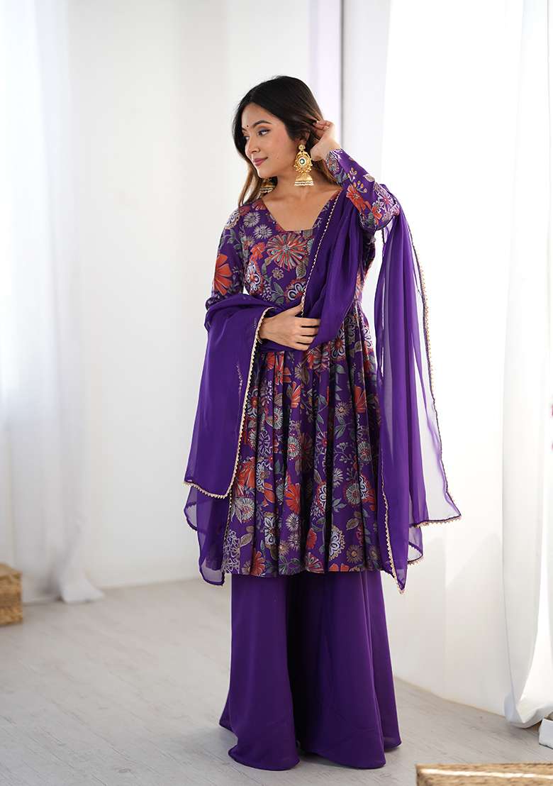 Purple Floral Print Silk Blend Sharara Set - Indya