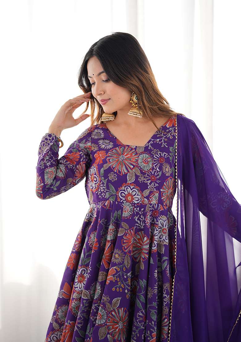 Purple Floral Print Silk Blend Sharara Set - Indya