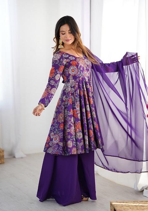 Purple Printed Roman Silk Chanderi Kurta Set