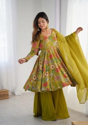 Green Printed Roman Silk Chanderi Kurta Set