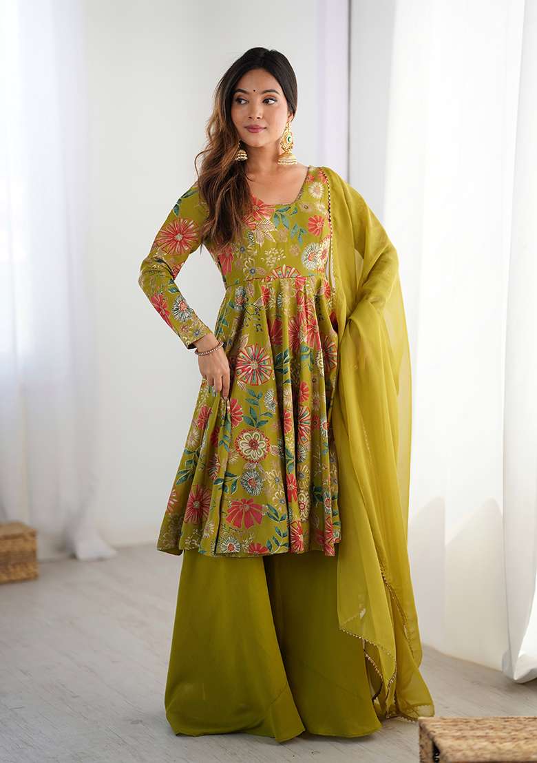 Green Floral Print Silk Blend Sharara Set - Indya
