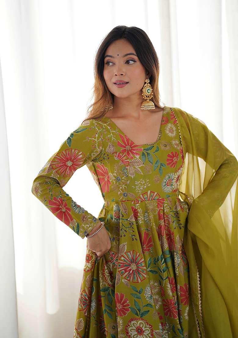 Green Floral Print Silk Blend Sharara Set - Indya